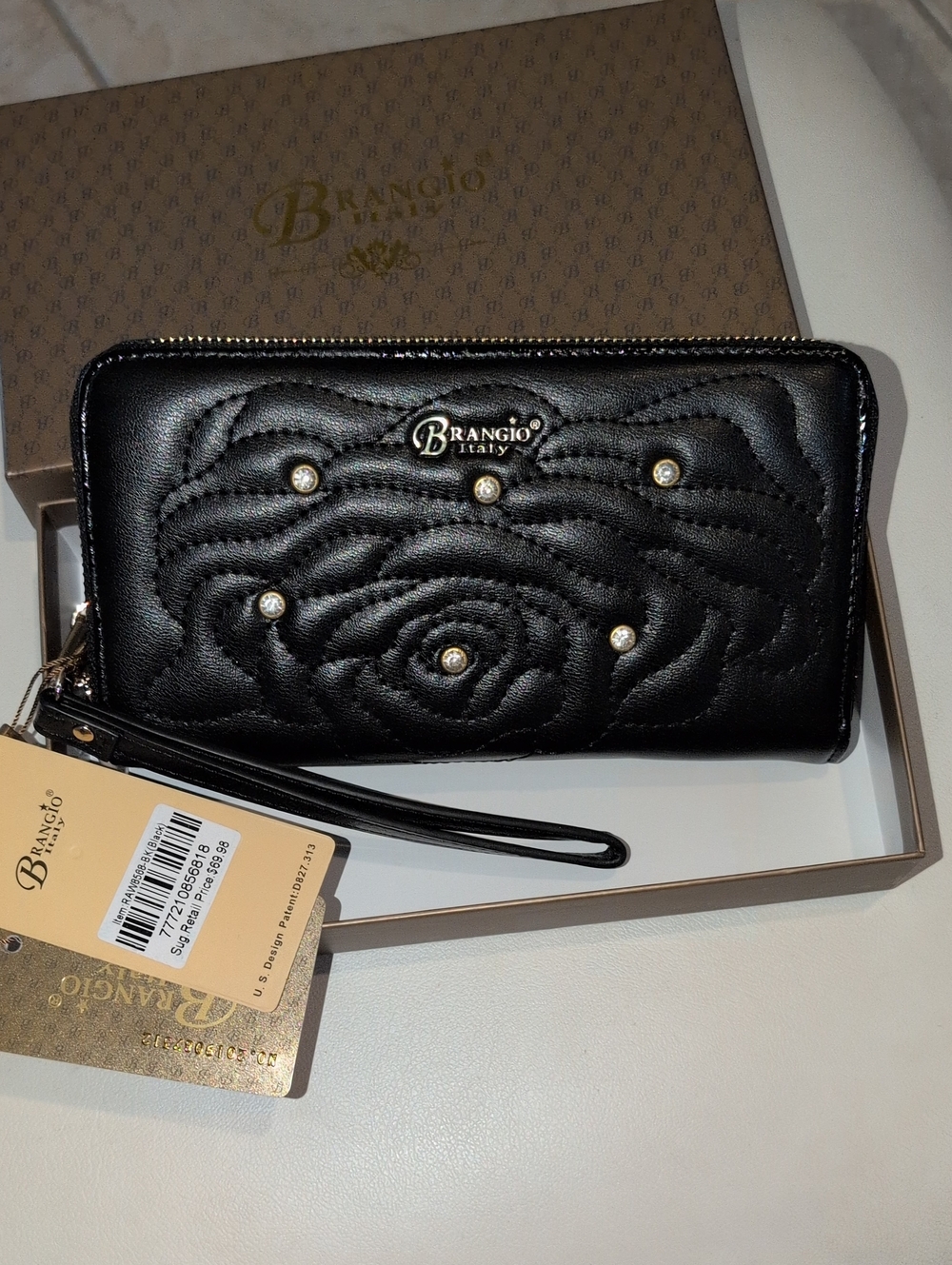 Brangio Italy Quilted Floral Wristlet Wallet in Black  - New In Box